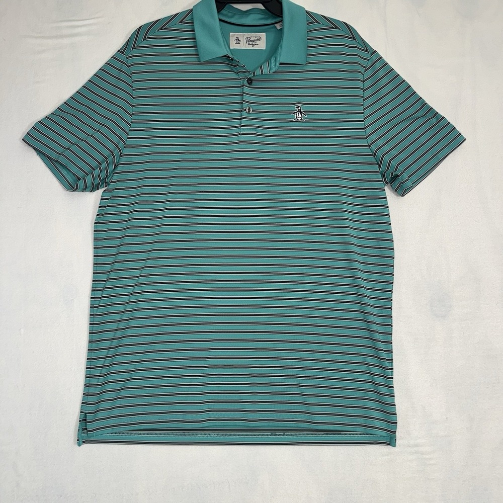 Men's Medium Original Penguin Striped Performance Golf Polo Teal